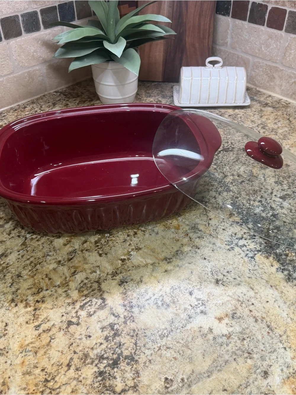 Glossy Cherry Red Ceramic Casserole with Glass Lid